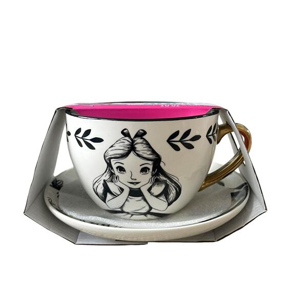 Disney ALICE IN WONDERLAND Teacup with Saucer 16oz Mug Black & Gold New - Picture 3 of 14